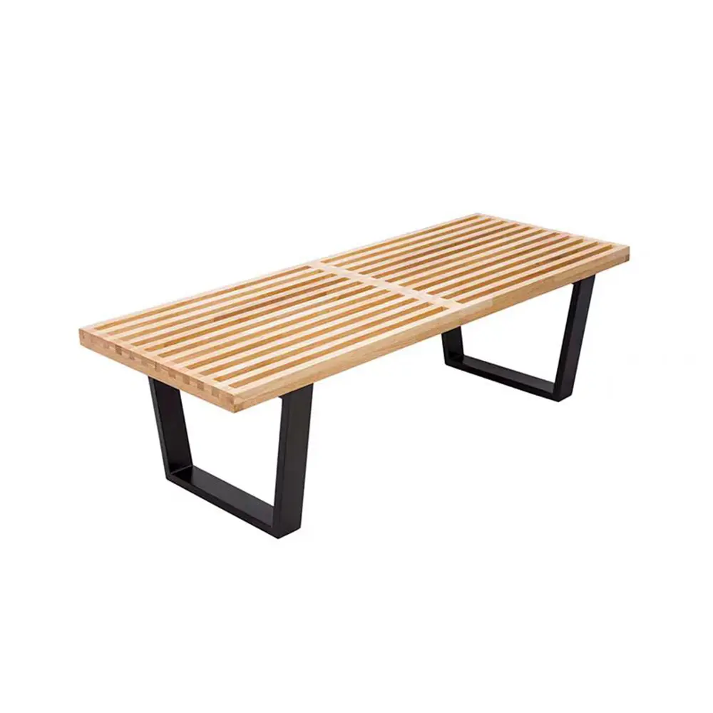 Wooden Slatted Bench with Metal Legs